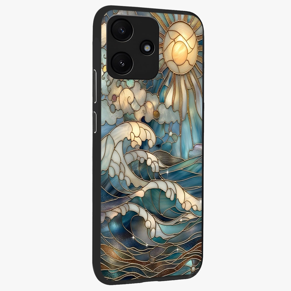 Oceanic Stained Printed Glass Case upright view showcasing decorative ocean pattern artwork with vibrant marine theme.