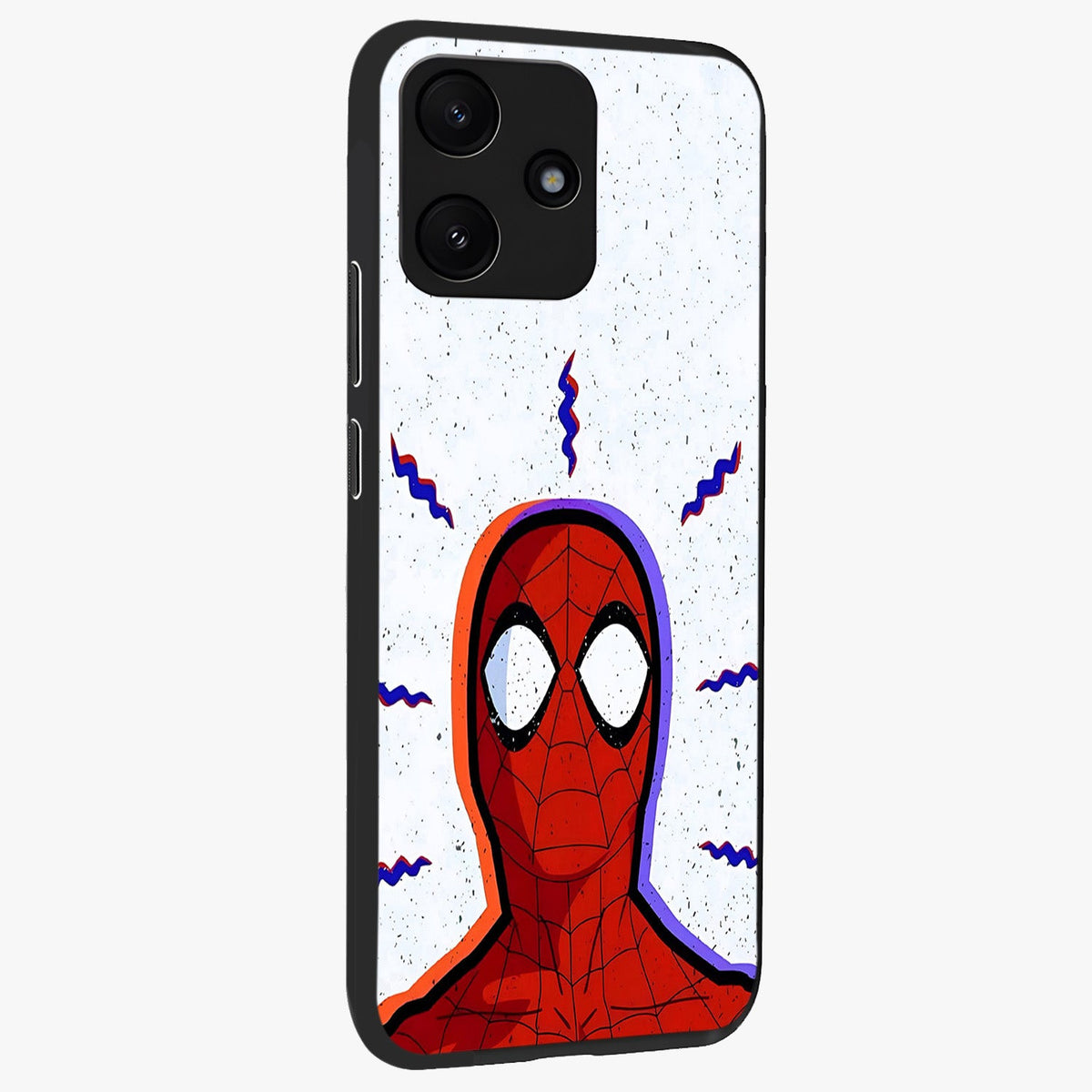 Omg Spiderman Glass Case upright view showcasing energetic superhero artwork with vibrant comic theme.