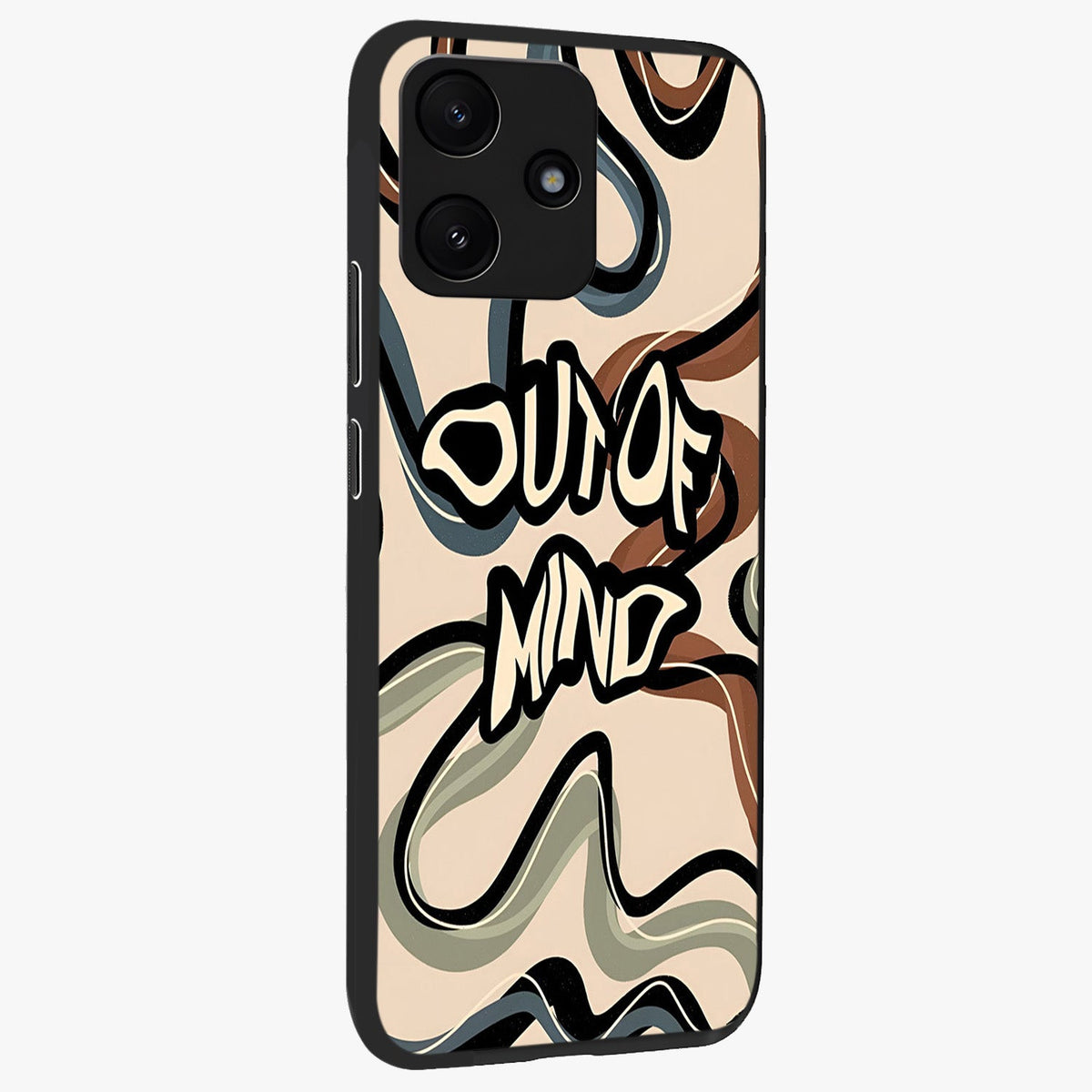 Out Of Mind Glass Case upright view showcasing striking typography artwork with edgy conceptual theme.