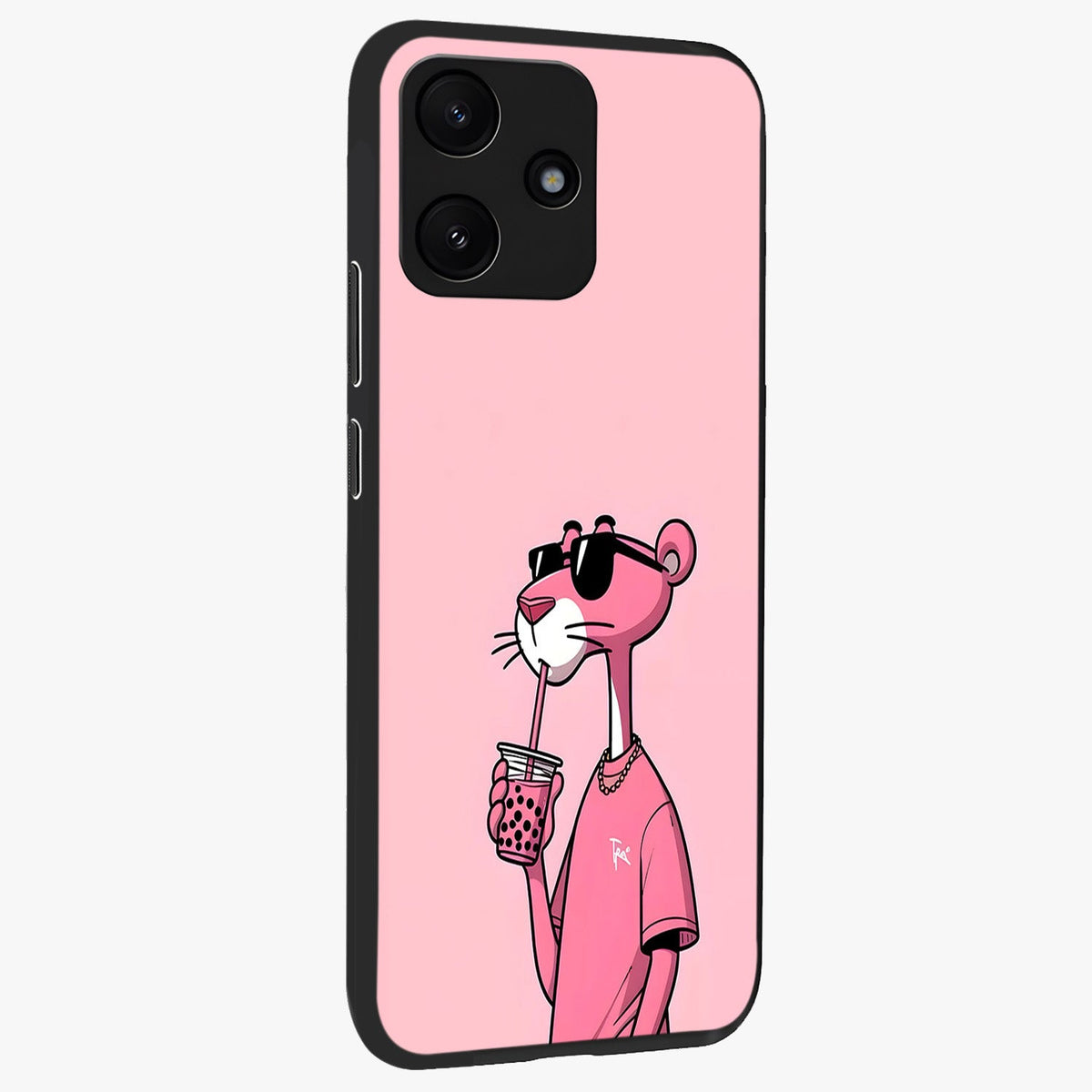 Pink Panther Glass Case upright view showcasing fun animated artwork with stylish retro cartoon theme.