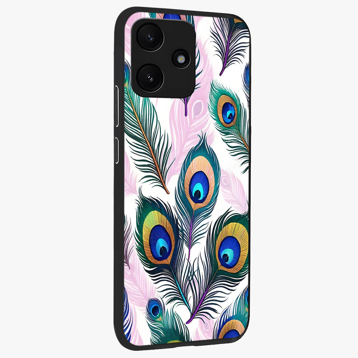 Royal Peacock Feathers Glass Case upright view showcasing elegant peacock feather artwork with decorative royal theme.