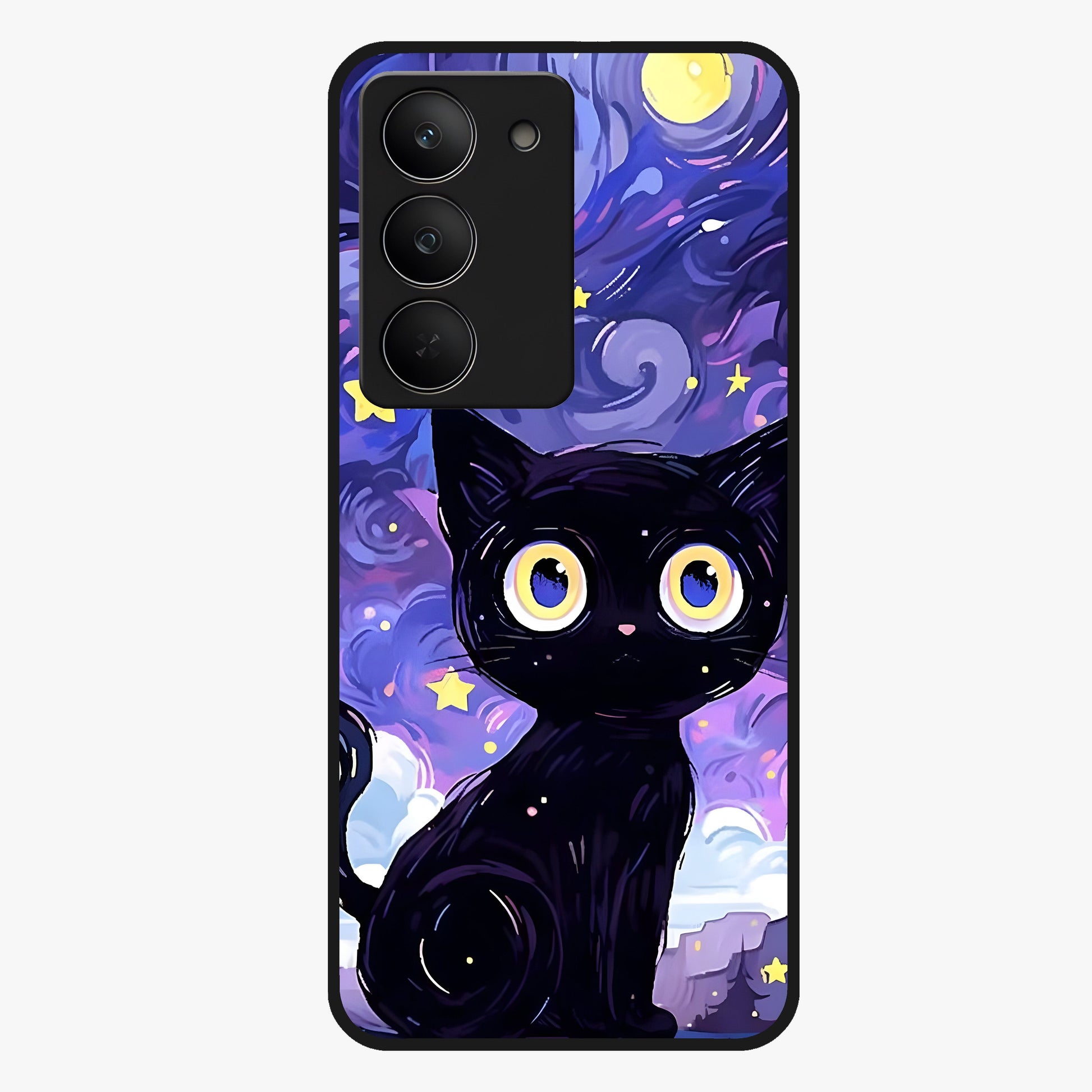 Abstract Cat Art Glass Case showing flat back view with artistic cat illustration and glossy glass finish.