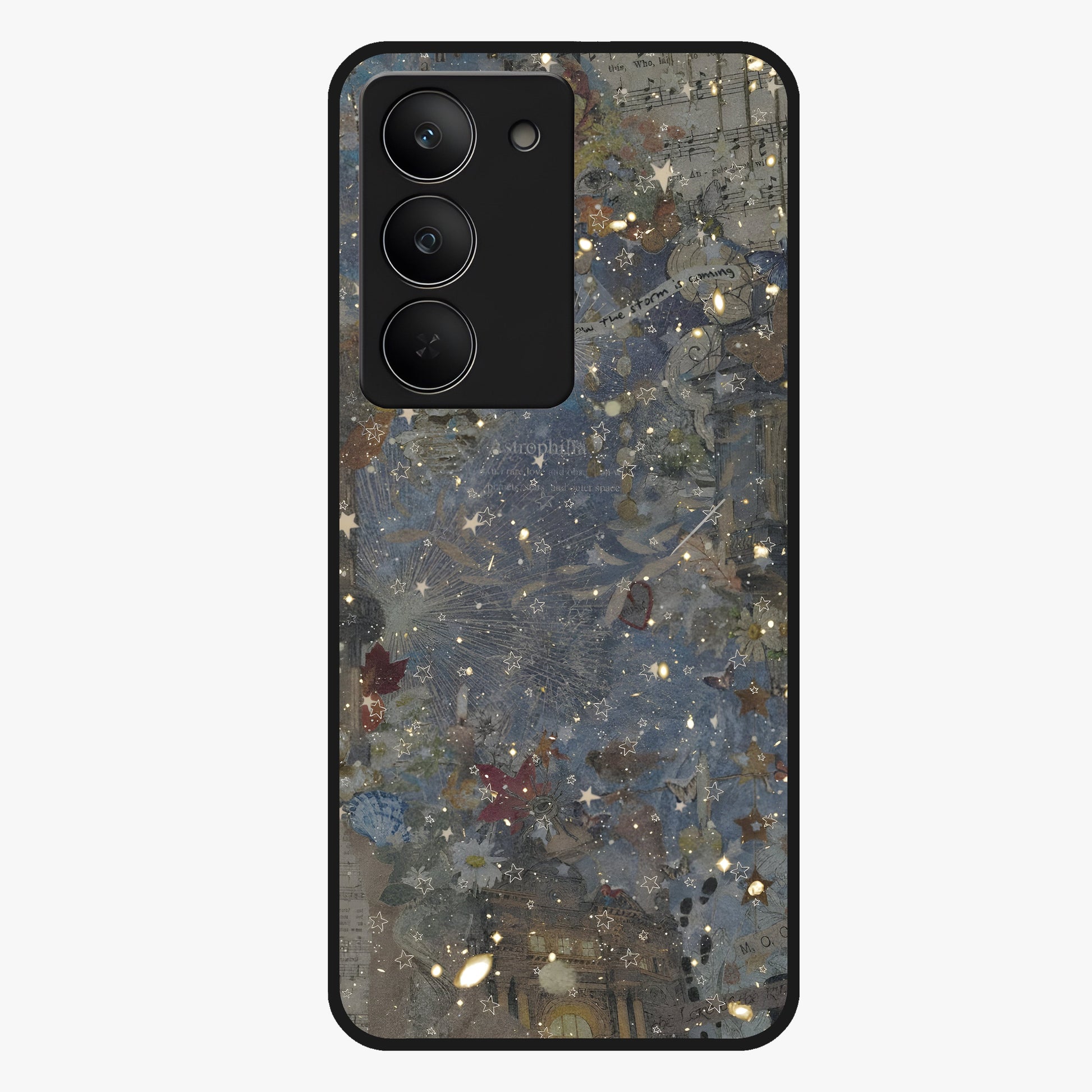 Aesthetic Astrolophia Glass Case showing flat back view with dreamy aesthetic design and glossy glass finish.