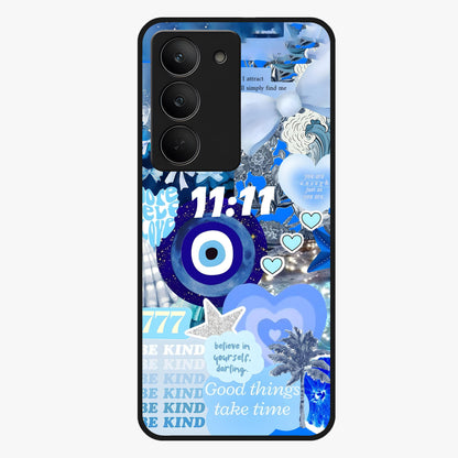 Aesthetic Be Kind Eye Glass Case showing flat back view with motivational eye artwork and glossy glass finish.