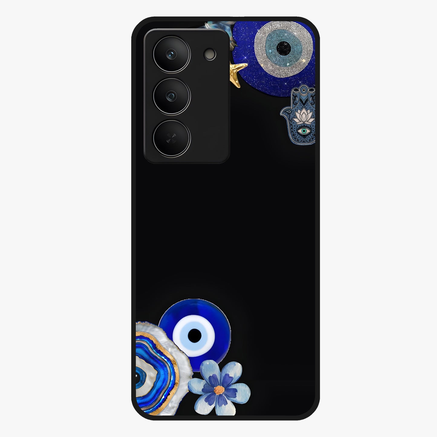 Aesthetic Blue Evil Eye Glass Case showing flat back view with protective evil eye artwork and glossy glass finish.