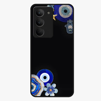 Aesthetic Blue Evil Eye Glass Case showing flat back view with protective evil eye artwork and glossy glass finish.