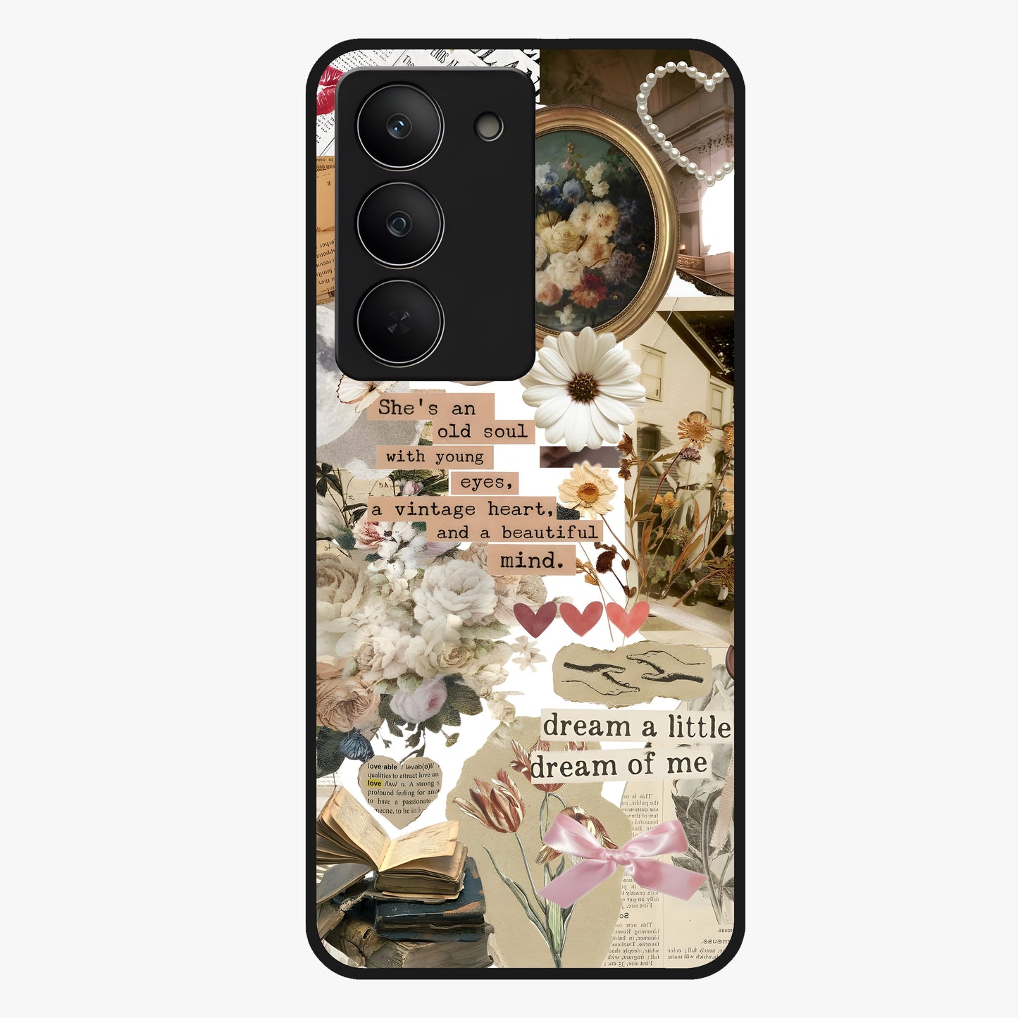 Aesthetic Brown Vintage Collage Glass Case showing flat back view with retro collage artwork and glossy glass finish.