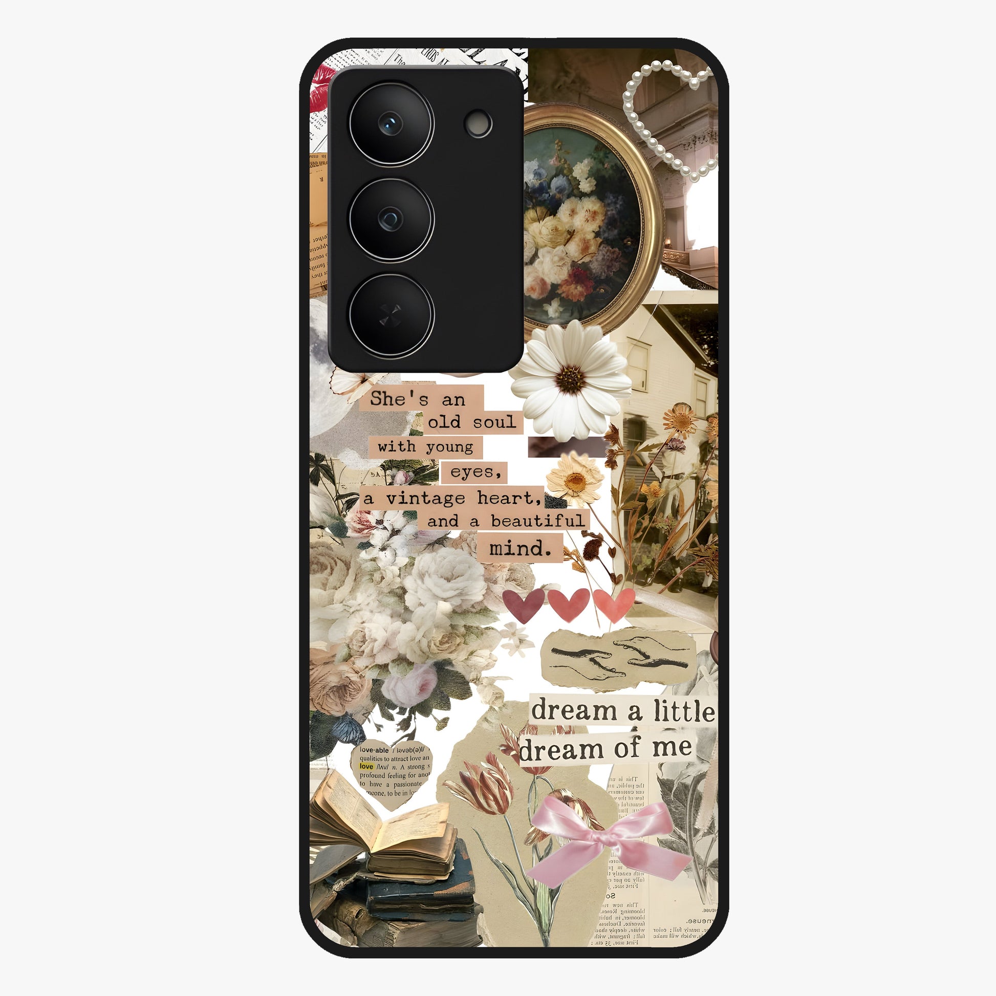 Aesthetic Brown Vintage Collage Glass Case showing flat back view with retro collage artwork and glossy glass finish.