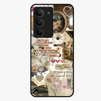 Aesthetic Brown Vintage Collage Glass Case showing flat back view with retro collage artwork and glossy glass finish.