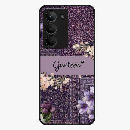 Antique Floral Whisper Custom Name Glass Case showing flat back view with vintage floral artwork and personalized name design.