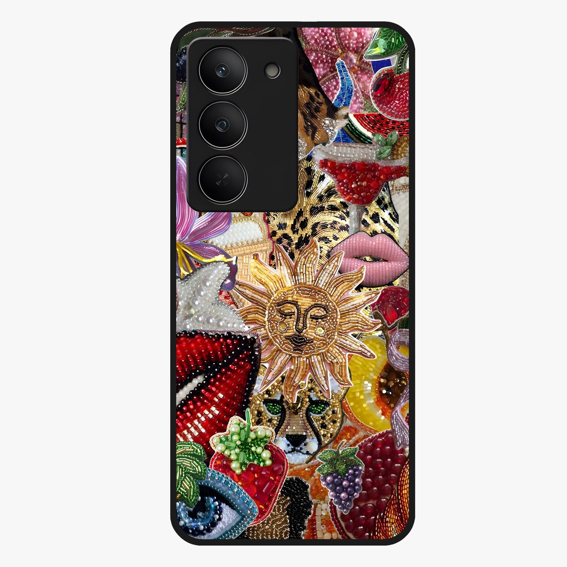 Beaded Fashion Jungle Glass Case showing flat back view with vibrant jungle inspired bead artwork and glossy glass finish.