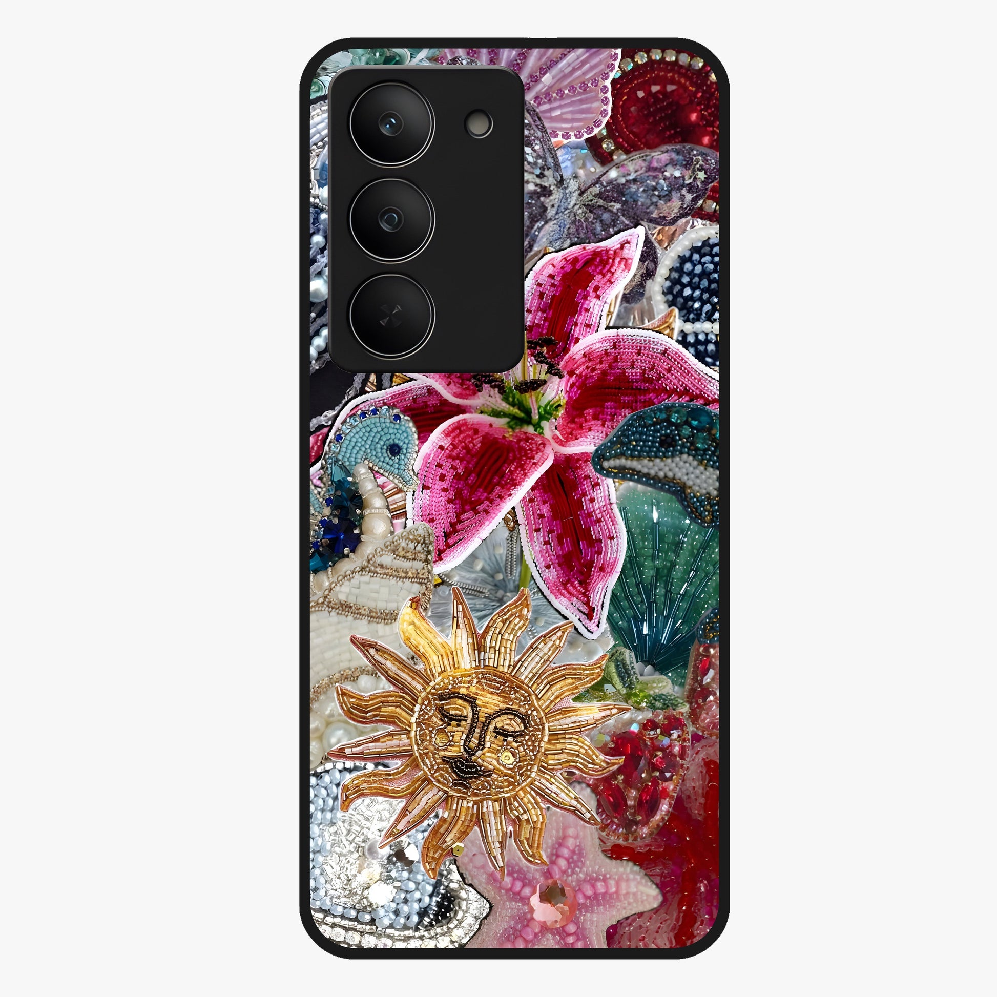 Beaded Garden Fantasy Glass Case showing flat back view with dreamy garden bead artwork and glossy glass finish.