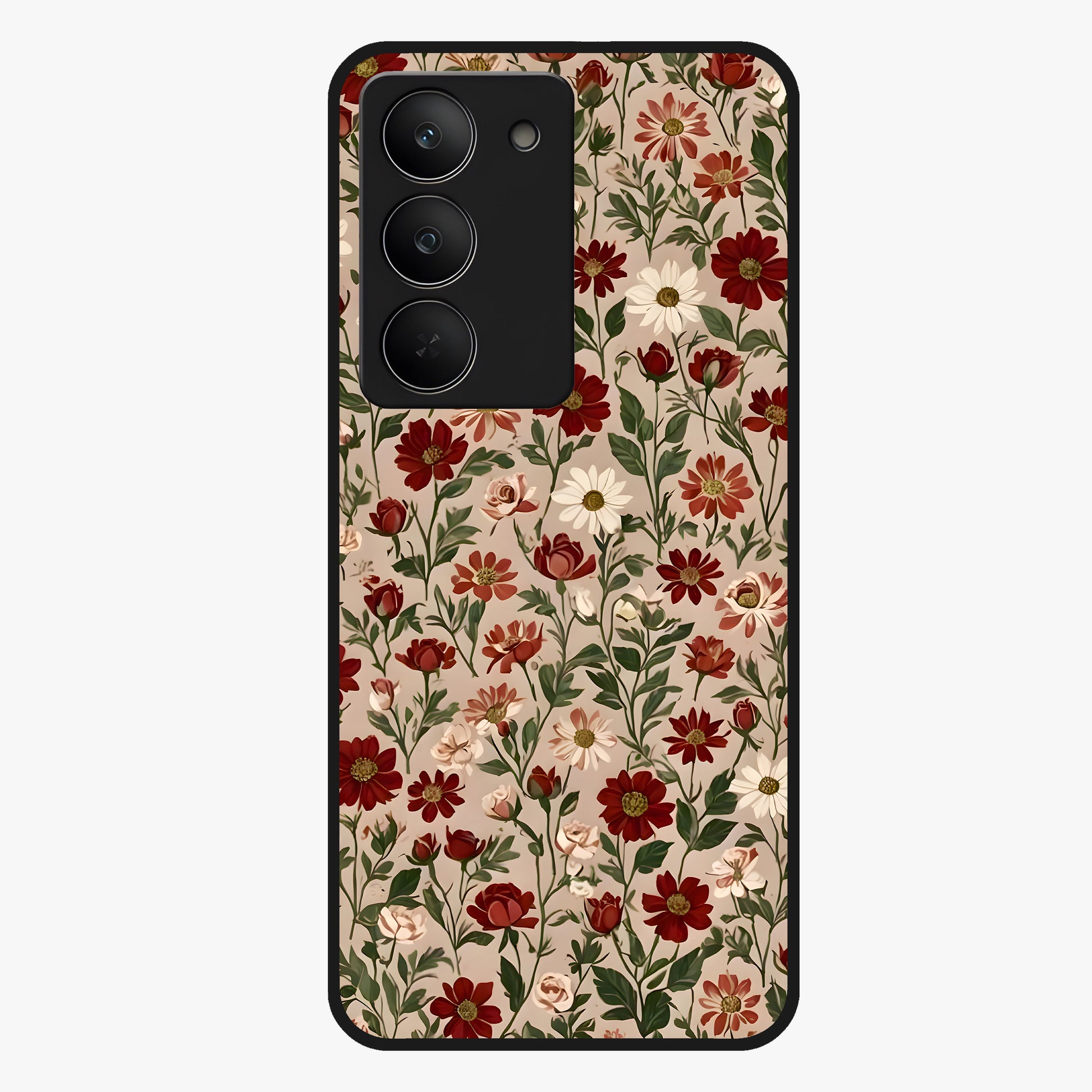 Biege Flower With Leaf Glass Case showing flat back view with soft beige floral artwork and glossy glass finish.