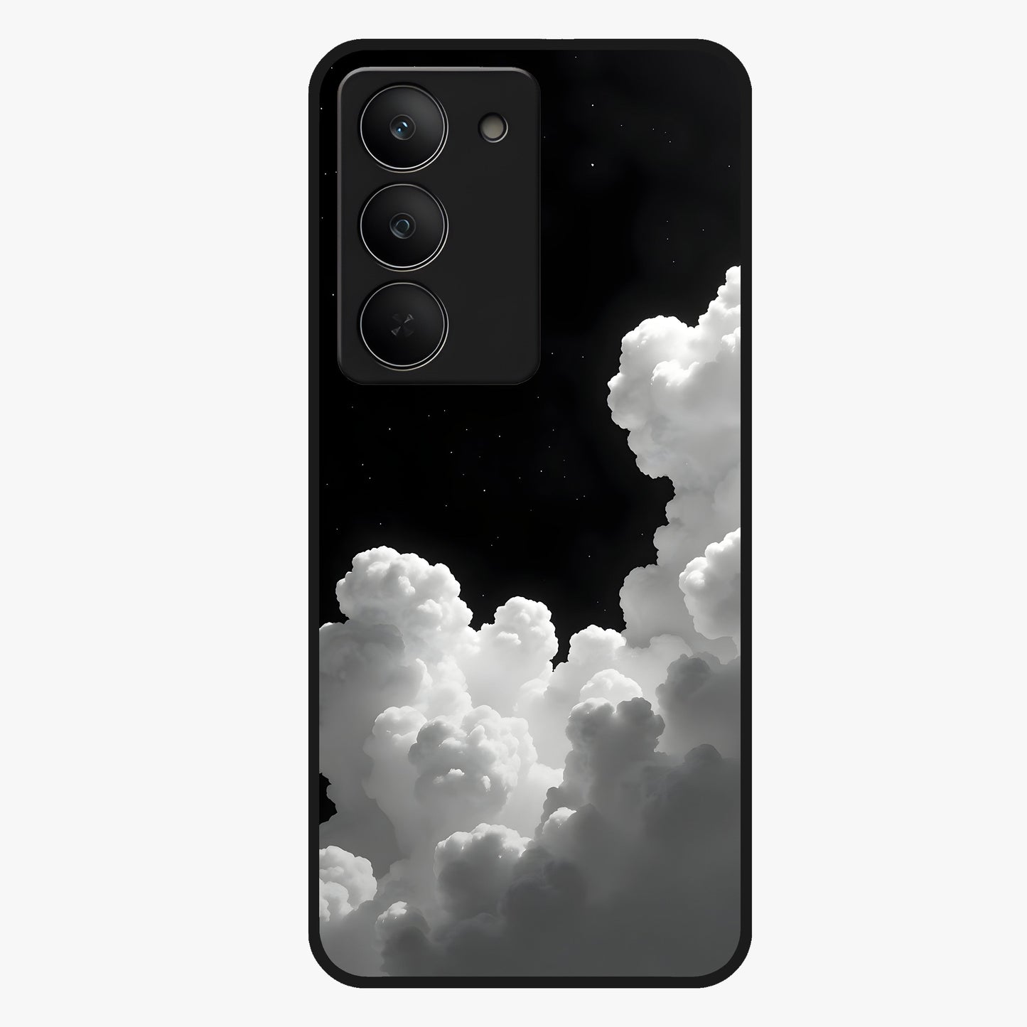 Black Background With White Cloud Glass Case showing flat back view with minimal cloud artwork on dark background and glossy glass finish.