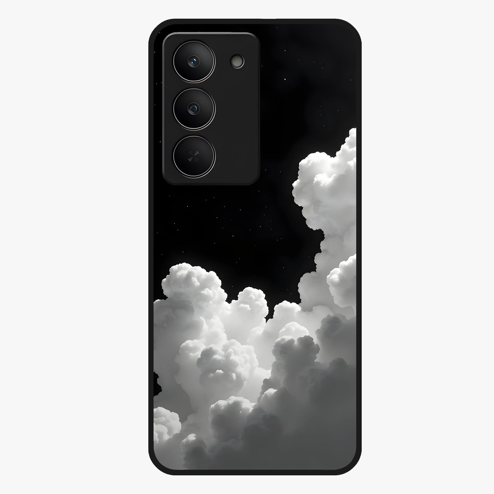 Black Background With White Cloud Glass Case showing flat back view with minimal cloud artwork on dark background and glossy glass finish.