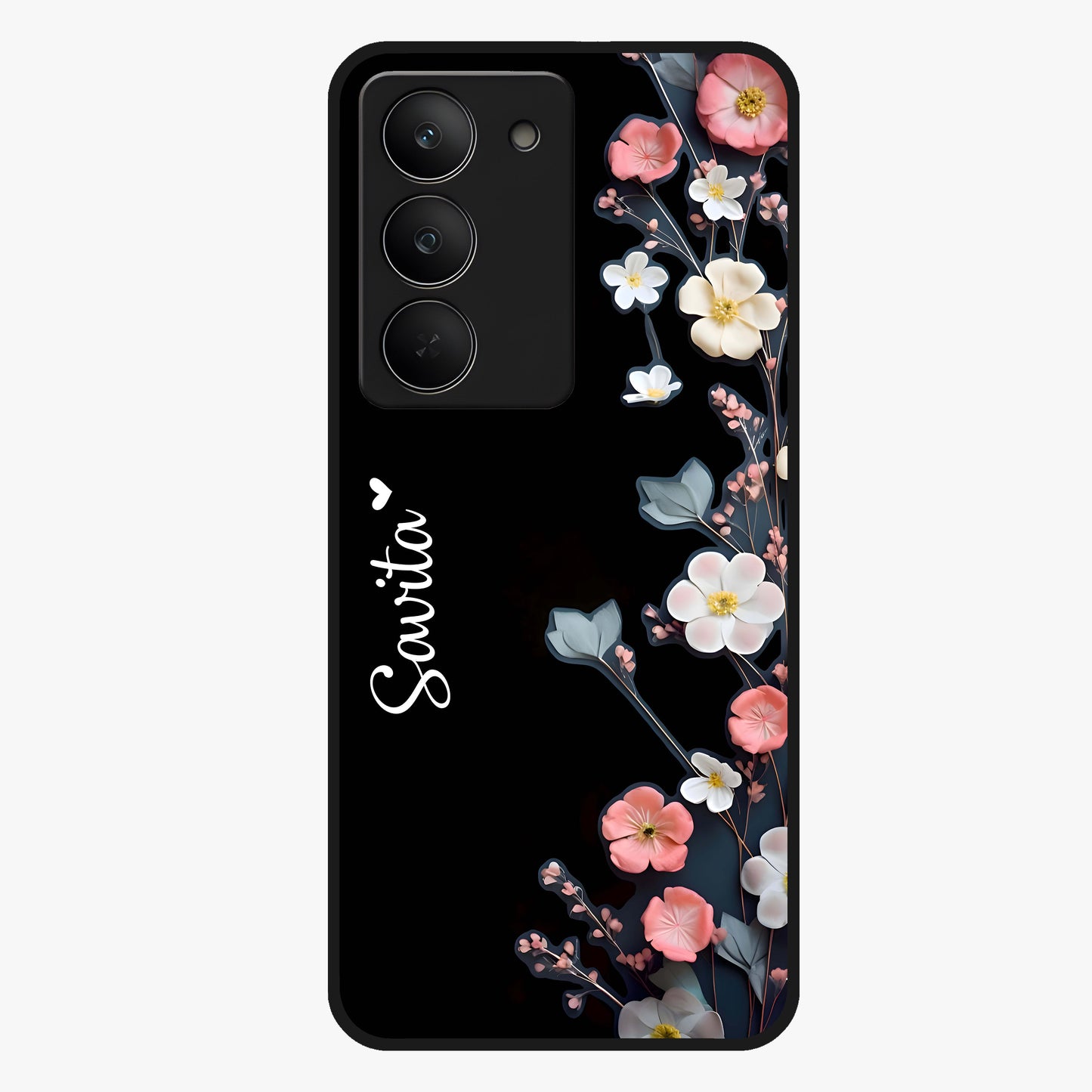 Black Elegance Floral Custom Name Glass Case showing flat back view with elegant floral artwork and personalized name design.