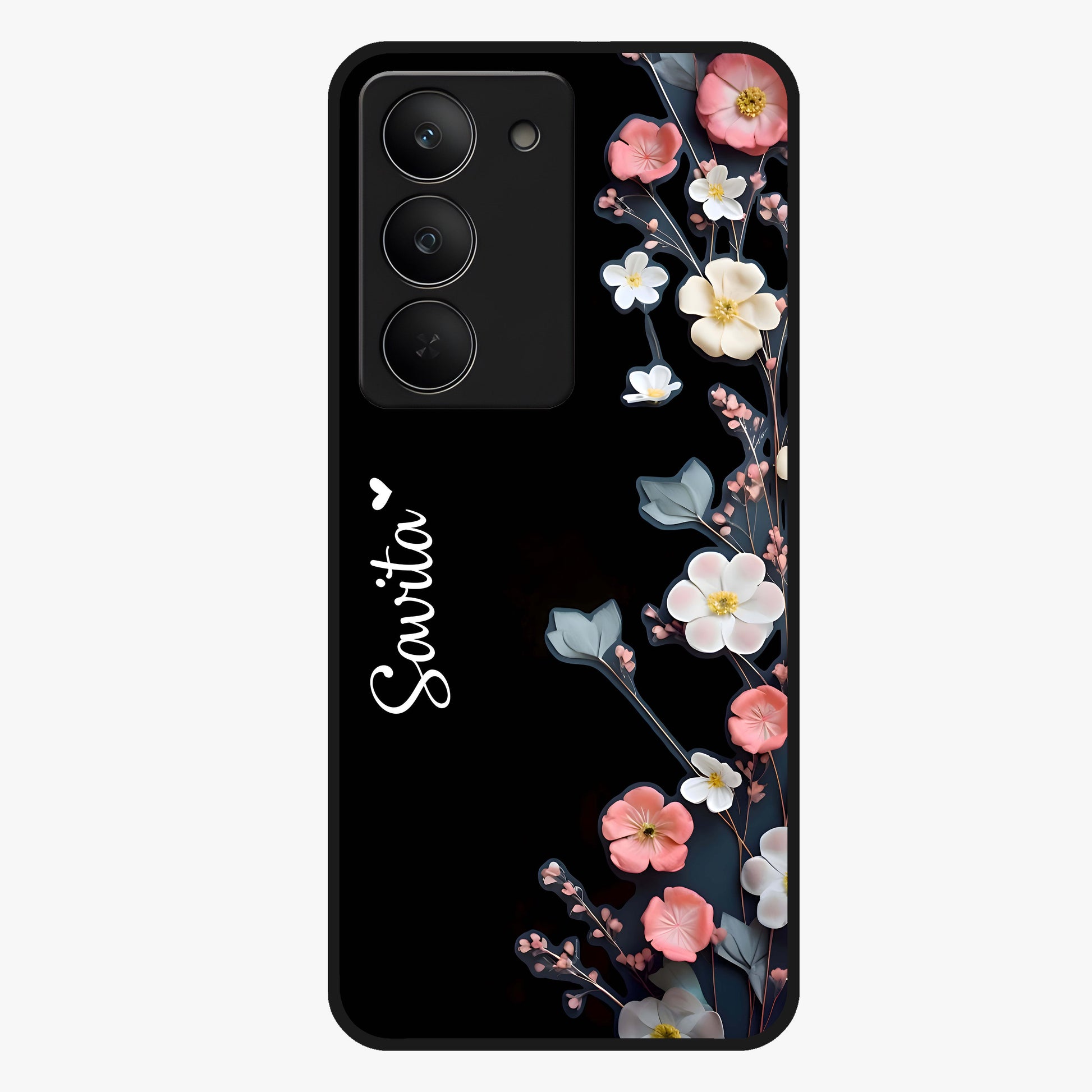 Black Elegance Floral Custom Name Glass Case showing flat back view with elegant floral artwork and personalized name design.