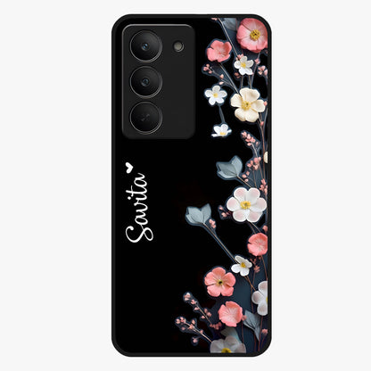 Black Elegance Floral Custom Name Glass Case showing flat back view with elegant floral artwork and personalized name design.
