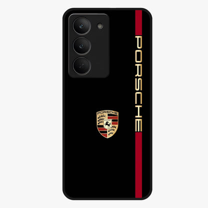 Black Minimal Porsche Glass Case showing flat back view with sleek minimal sports car artwork and glossy glass finish.