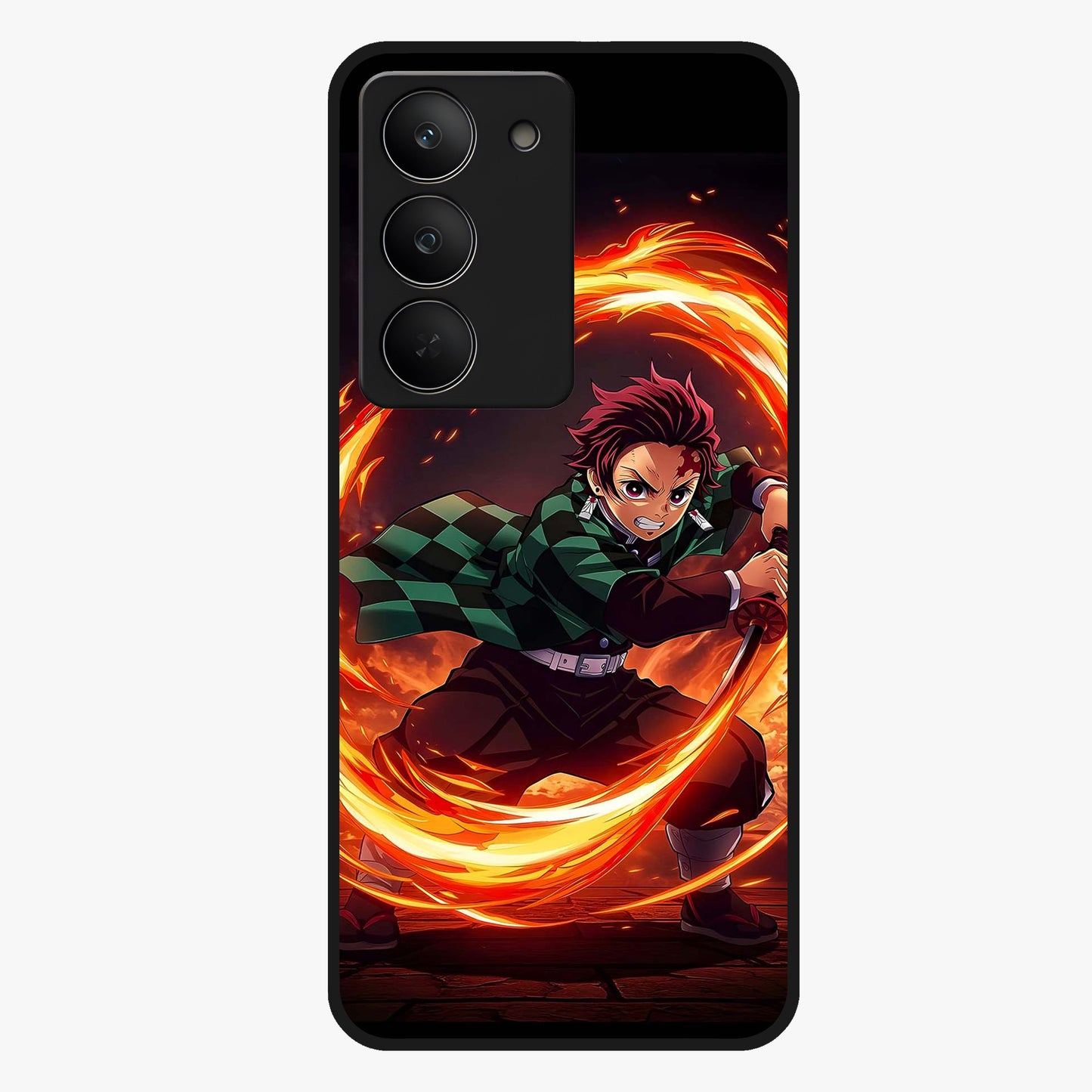 Blazing Sword Resolve Glass Case showing flat back view with fiery sword artwork and glossy glass finish.