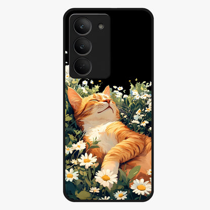 Blissful Bloom Cat Glass Case showing flat back view with cute cat and floral bloom artwork and glossy glass finish.
