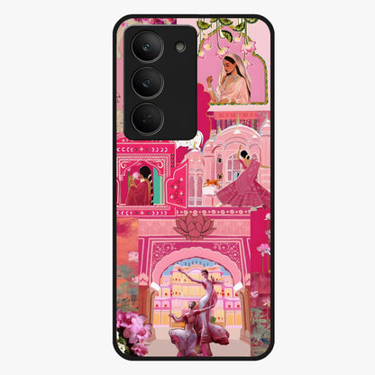 Blossoms of Rajasthan Glass Case showing flat back view with traditional floral artwork inspired by Rajasthan and glossy glass finish.