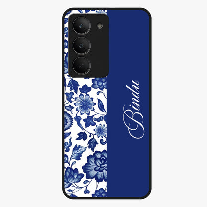 Blue Vintage Floral Pattern Glass Case upright view showcasing timeless floral illustration with vintage inspired style.