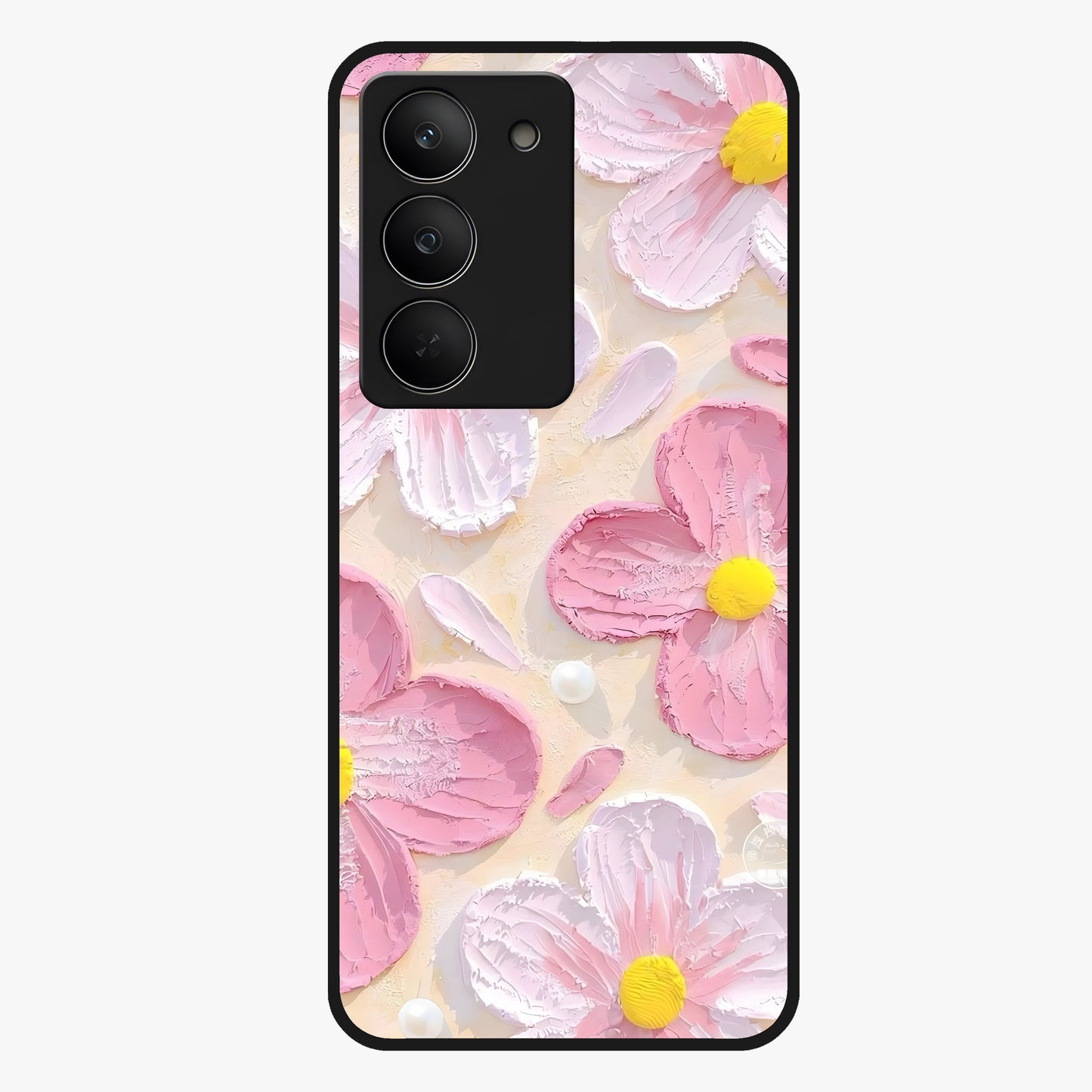 Blush Bloom Texture Glass Case showing flat back view with soft blush floral texture artwork and glossy glass finish.