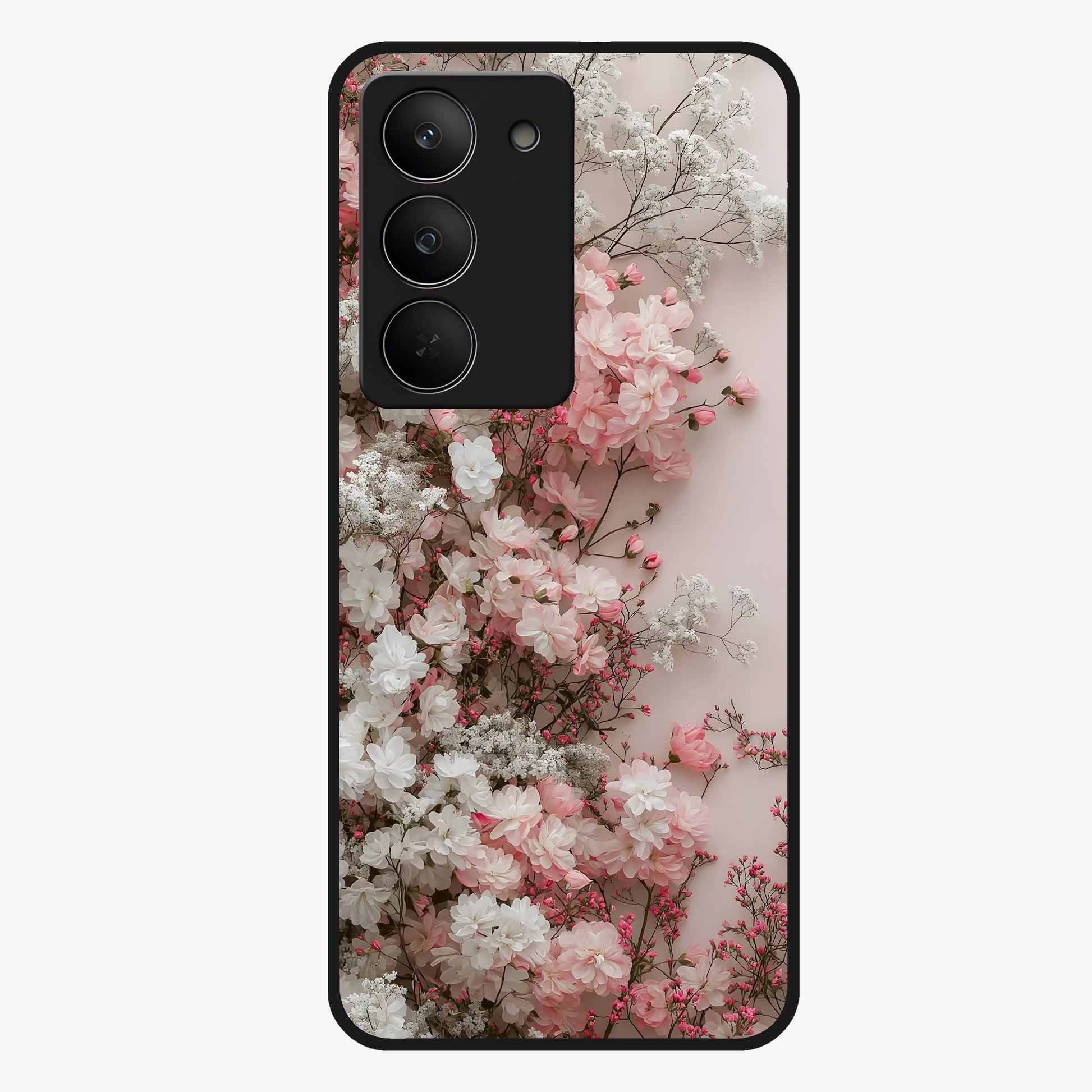Blush Blossom Cloud Glass Case showing flat back view with dreamy blush cloud blossom artwork and glossy glass finish.