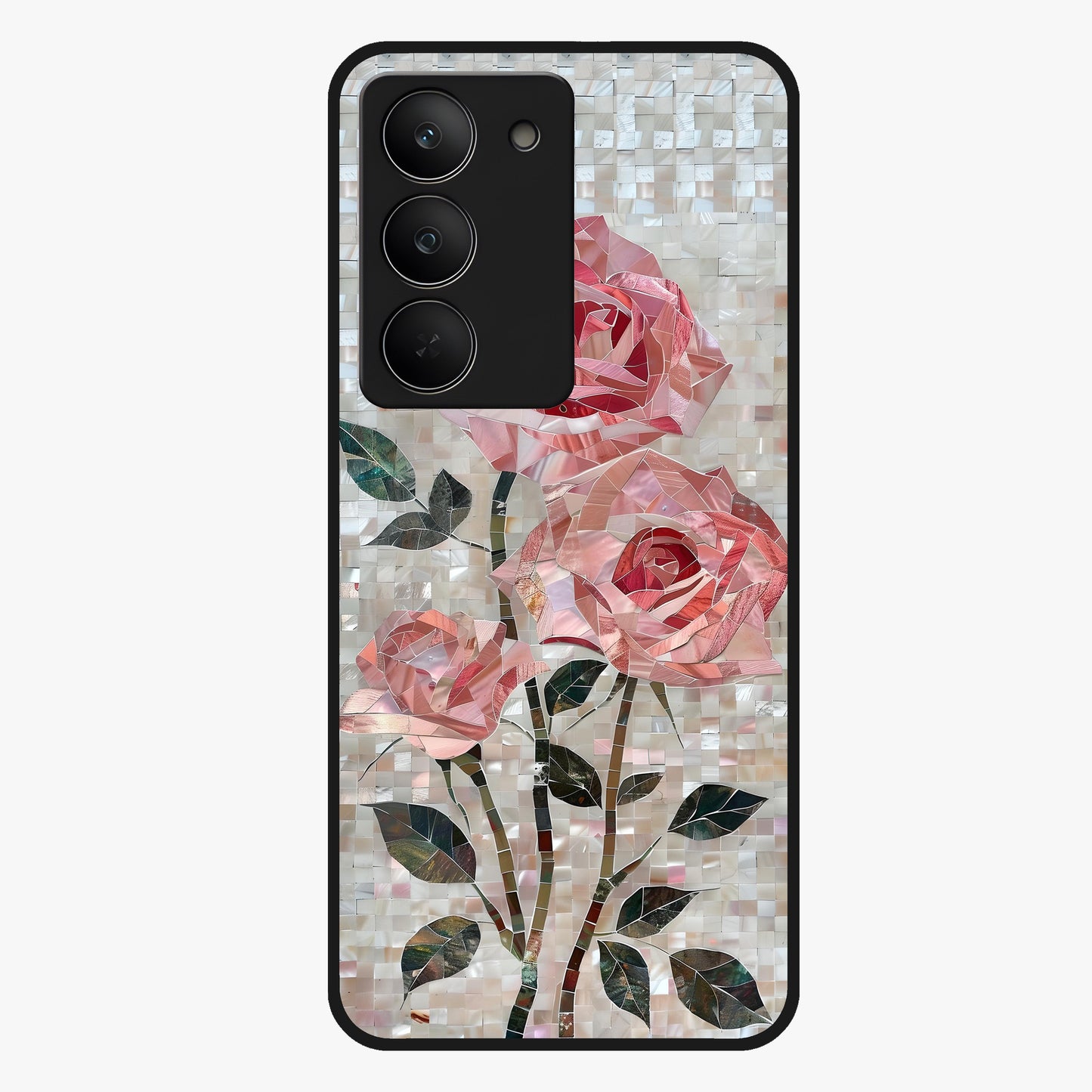 Blush Mosaic Bloom Glass Case showing flat back view with mosaic floral bloom artwork and glossy glass finish.