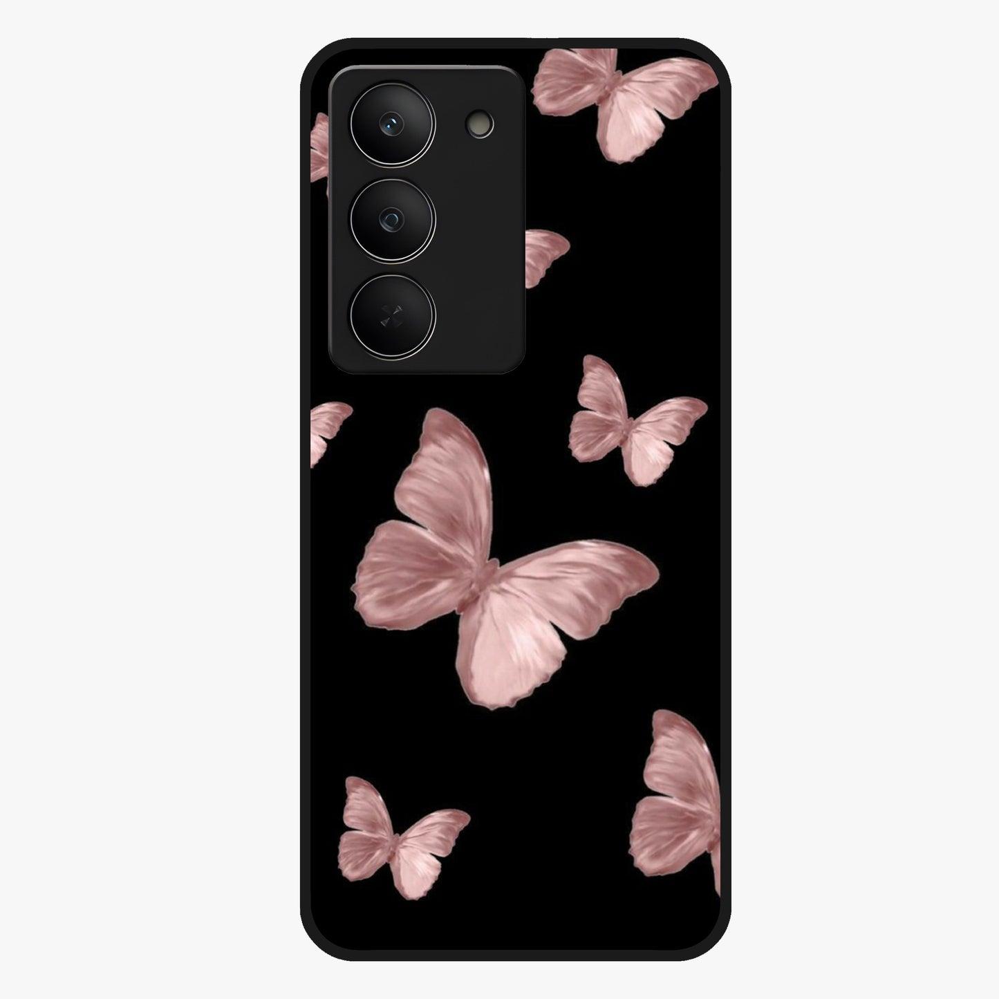 Butterfly Pattern Glass Case showing flat back view with elegant butterfly pattern artwork and glossy glass finish.