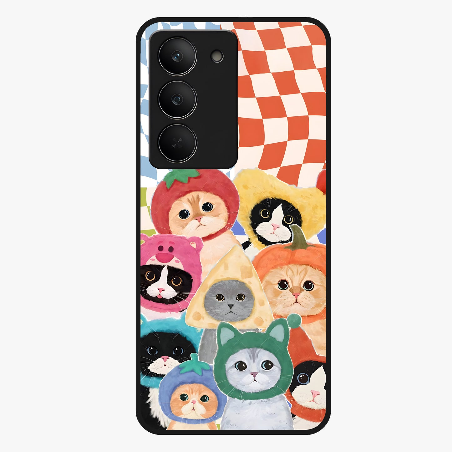 Cats in Fruits Glass Case showing flat back view with playful cat illustrations inside fruit artwork and glossy glass finish.