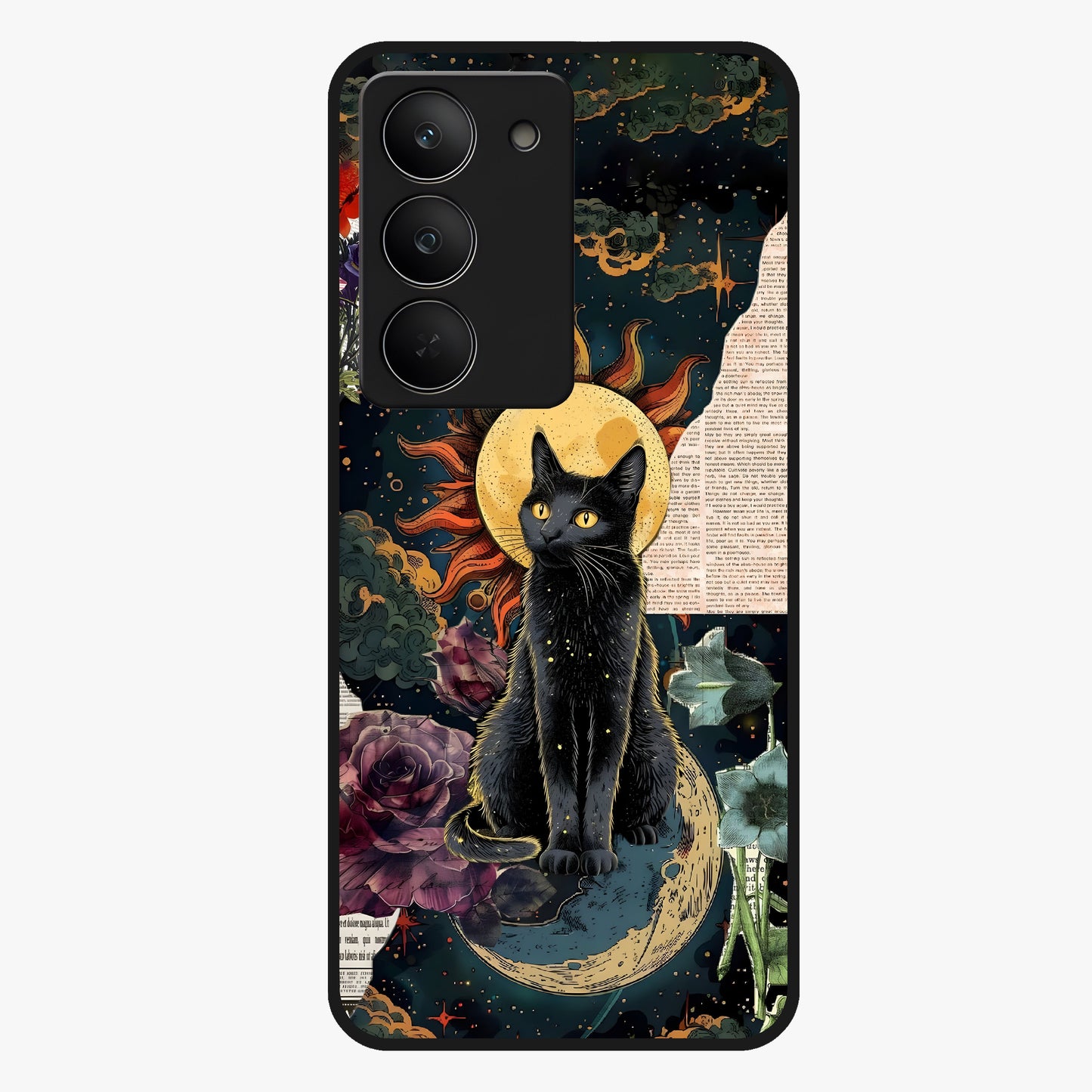 Celestial Black Cat Glass Case showing flat back view with mystical black cat artwork and glossy glass finish.