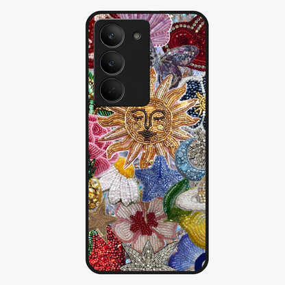 Celestial Floral and Playful Glass Case showing flat back view with floral and celestial themed artwork and glossy glass finish.