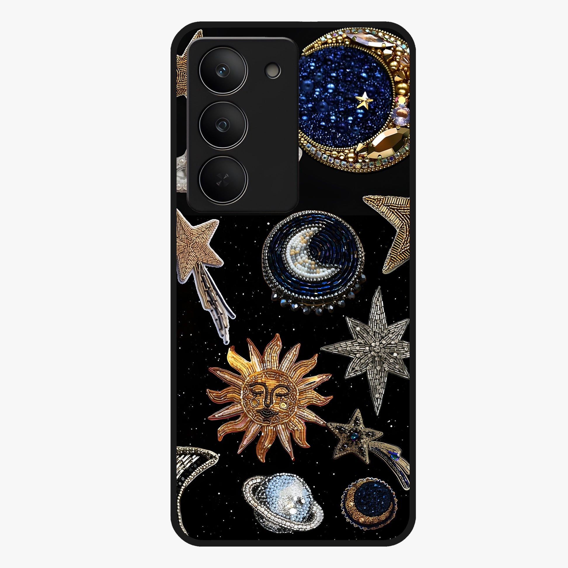 Celestial Gem Constellations Glass Case showing flat back view with sparkling constellation artwork and glossy glass finish.