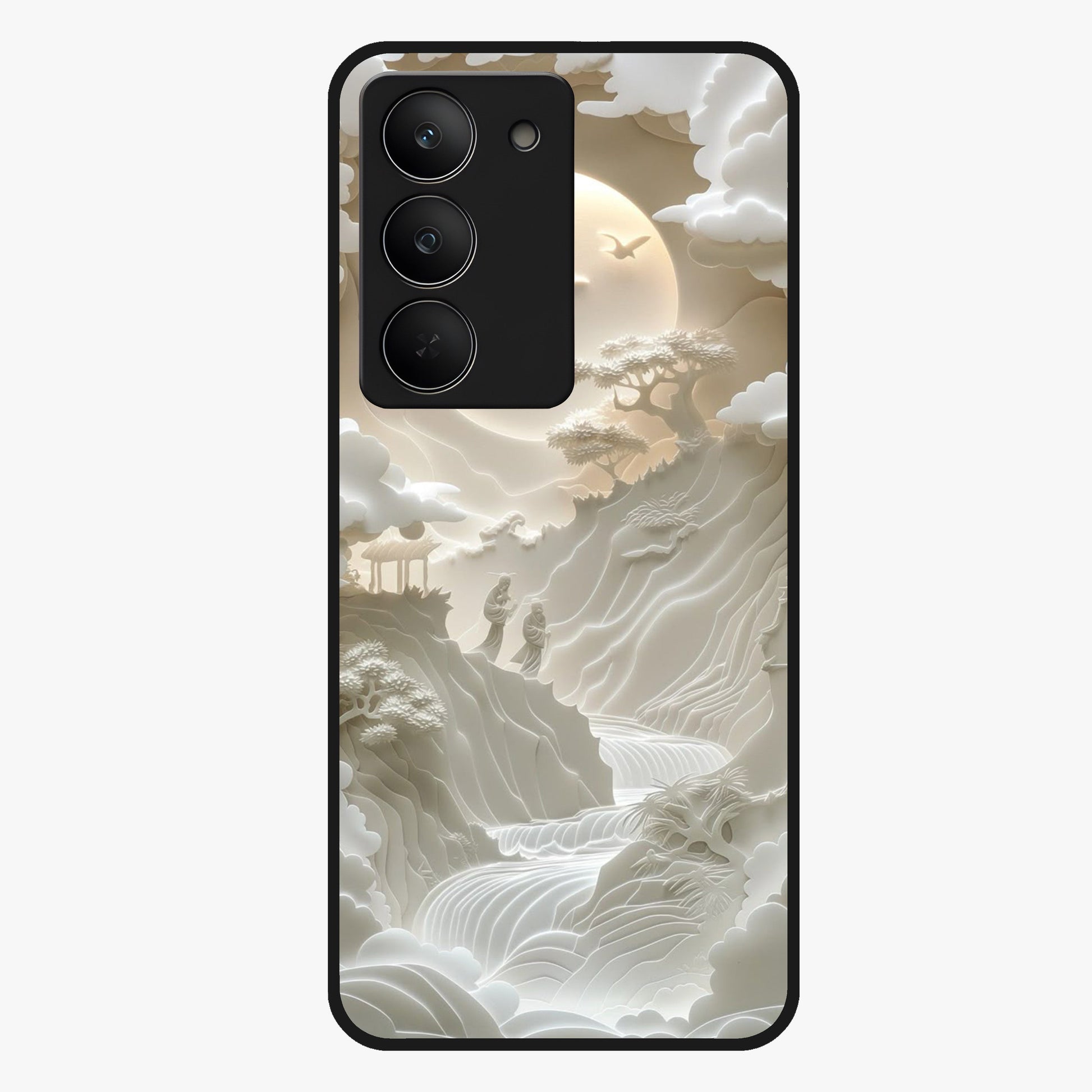 Celestial Origami Glass Case showing flat back view with artistic origami inspired celestial artwork and glossy glass finish.