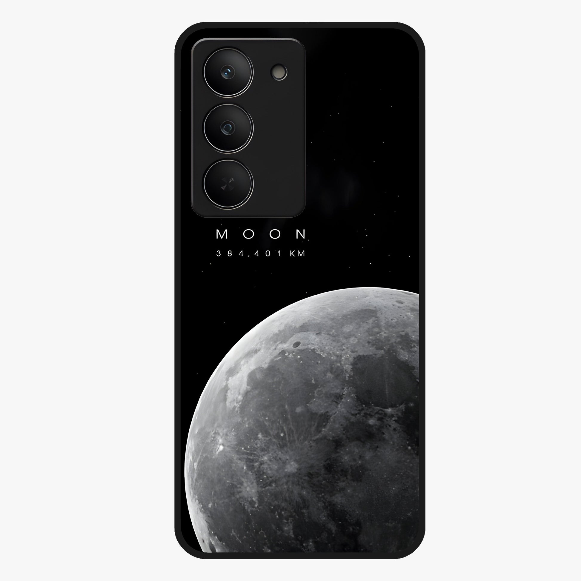 Cosmic Moon Glow Glass Case showing flat back view with glowing moon artwork and glossy glass finish.