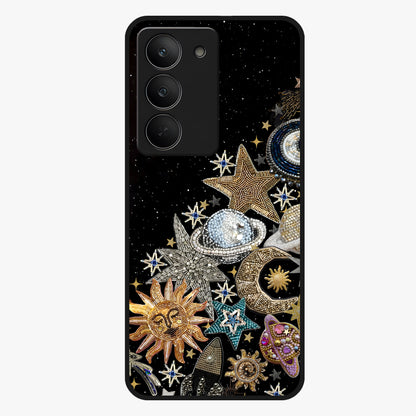 Cosmic Sparkle Dreams Glass Case showing flat back view with sparkling cosmic artwork and glossy glass finish.