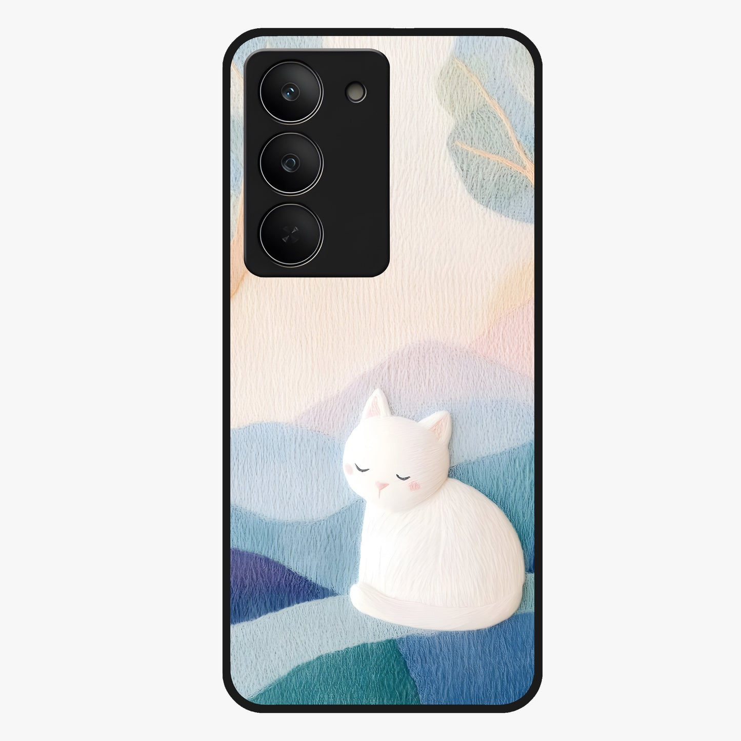 Cotton Dream Cat Glass Case showing flat back view with soft dreamy cat artwork and glossy glass finish.