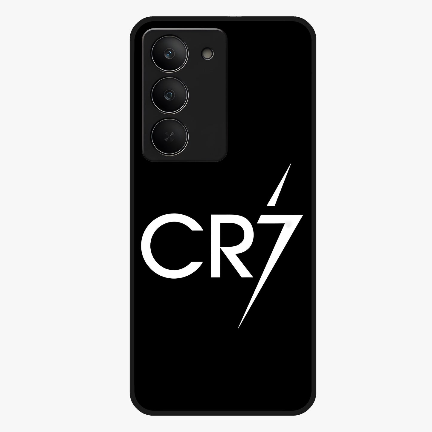 Cr7 Elite Strike Glass Case showing flat back view with dynamic football inspired artwork and glossy glass finish.