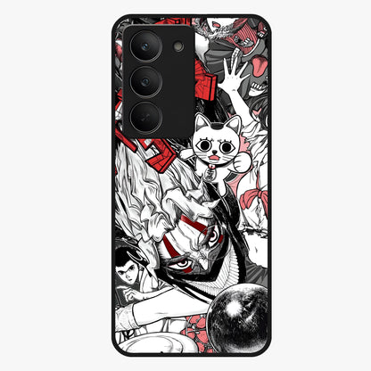 Crimson Chaos Panel Glass Case showing flat back view with bold crimson abstract artwork and glossy glass finish.