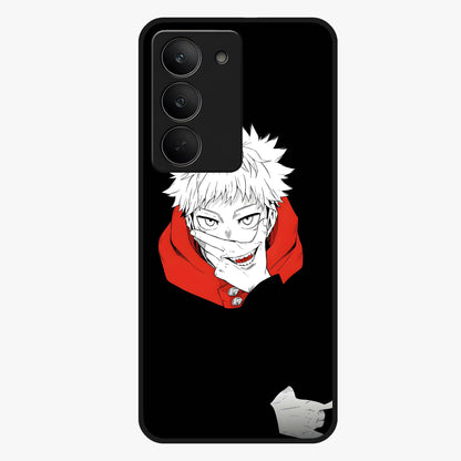 Crimson Chaos Smile Glass Case showing flat back view with bold chaotic smile artwork and glossy glass finish.
