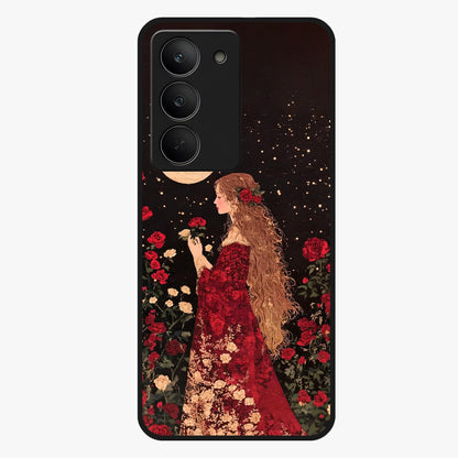 Crimson Dreams Glass Case showing flat back view with dreamy crimson artwork and glossy glass finish.