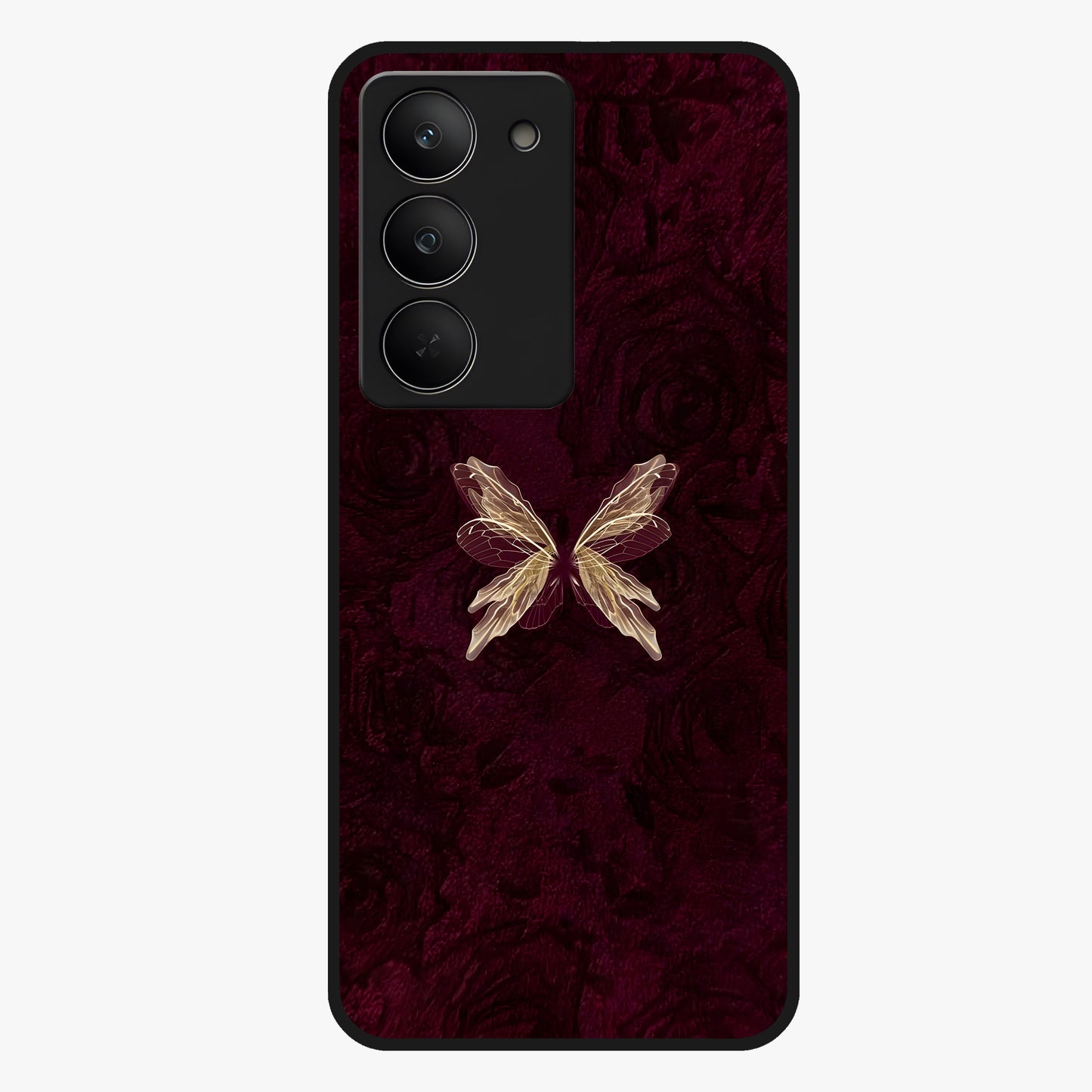 Crimson Fade Butterfly Glass Case showing flat back view with fading butterfly artwork and glossy glass finish.