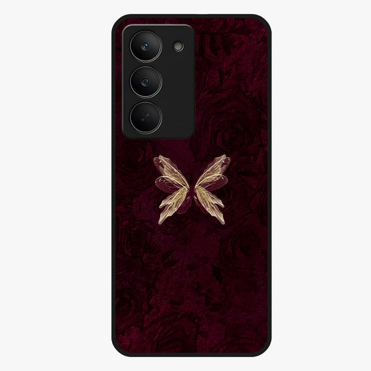 Crimson Fade Butterfly Glass Case showing flat back view with fading butterfly artwork and glossy glass finish.