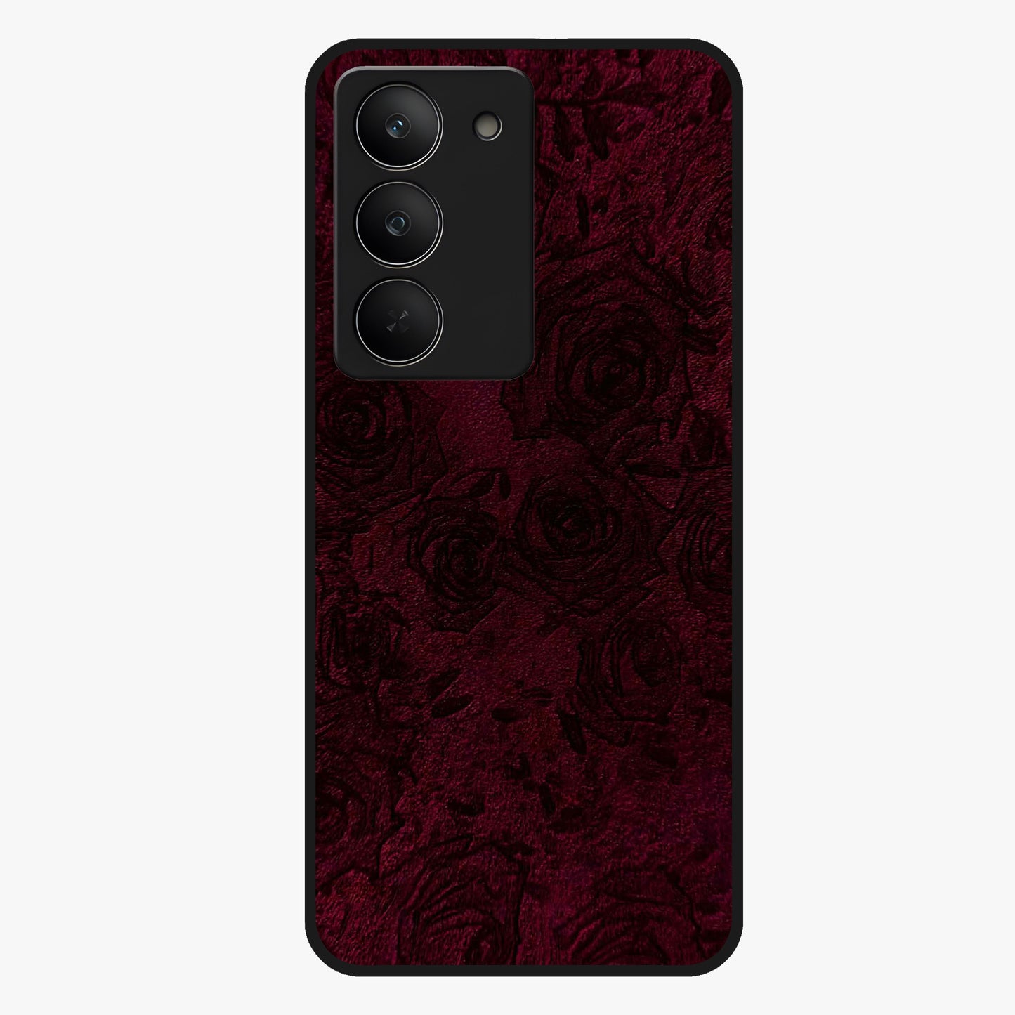 Crimson Fade Flow Glass Case showing flat back view with flowing crimson gradient artwork and glossy glass finish.