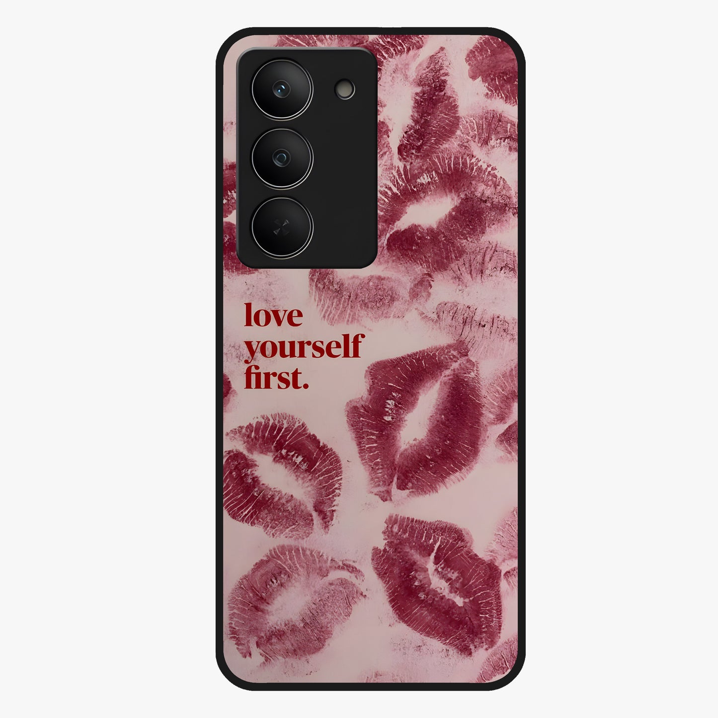 Crimson Kiss Love Glass Case showing flat back view with romantic crimson themed artwork and glossy glass finish.