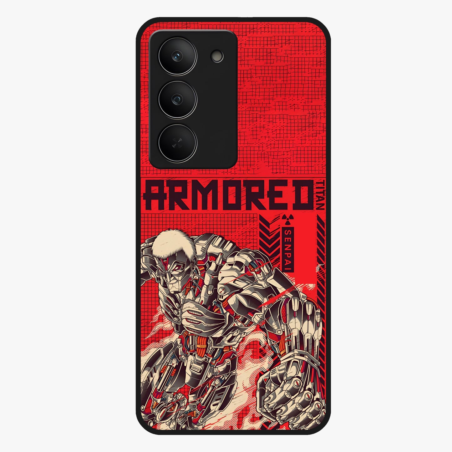Crimson Mecha Titan Glass Case showing flat back view with powerful mech titan artwork and glossy glass finish.