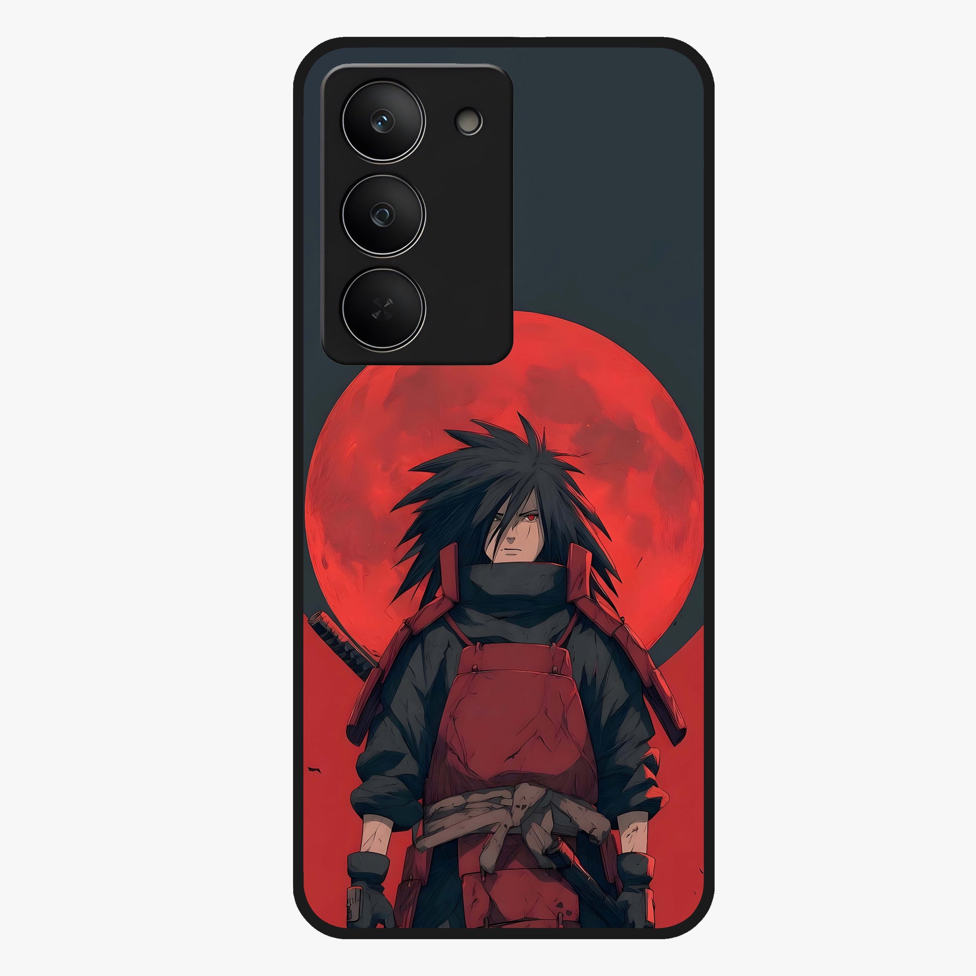 Crimson Moon Warlord Glass Case showing flat back view with mystical moon warrior artwork and glossy glass finish.