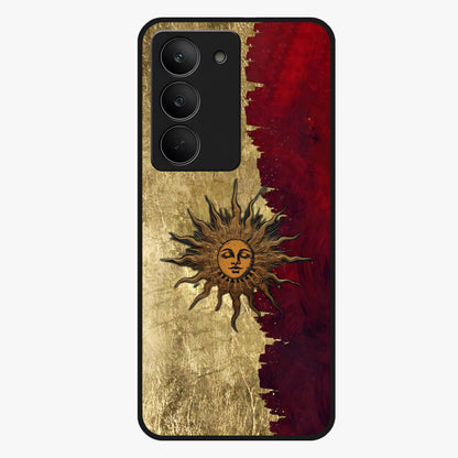 Crimson Sun Majesty Glass Case showing flat back view with radiant sun inspired artwork and glossy glass finish.